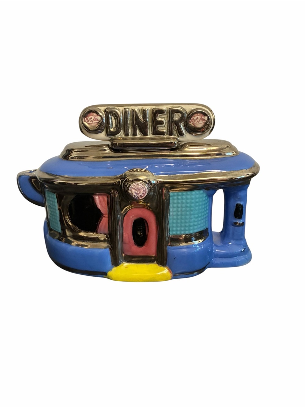 Jerry Berta Ceramic Diner Teapot Blue Silver Metallic Retro Americana Art